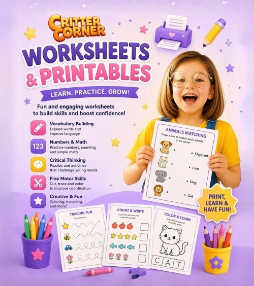 Worksheets — educational books and printable learning resources for children | Critter Corner