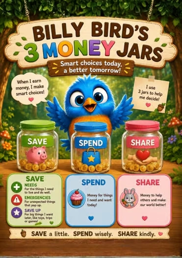 Money Jars Bulletin Board for Kids Save Spend Share Financial Literacy Classroom