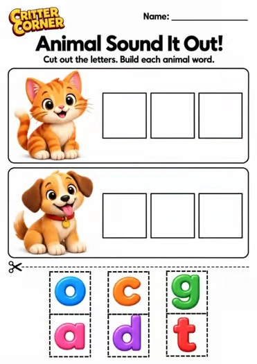 Animal Sound It Out! | CVC Word Building & Phonics Worksheets - Image 4 — educational storybook and learning resource for kids | Critter Corner