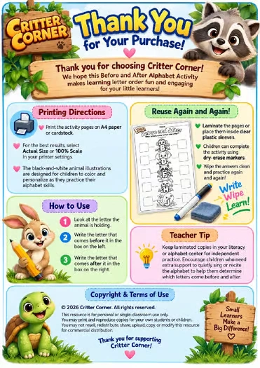 Before & After the Alphabet | Letter Order Worksheets A–Z - Image 2 — educational storybook and learning resource for kids | Critter Corner
