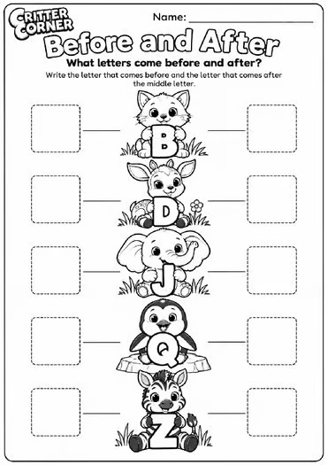 Before & After the Alphabet | Letter Order Worksheets A–Z - Image 4 — educational storybook and learning resource for kids | Critter Corner