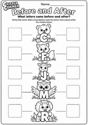 Before & After the Alphabet | Letter Order Worksheets A–Z - Image 3 — educational storybook and learning resource for kids | Critter Corner