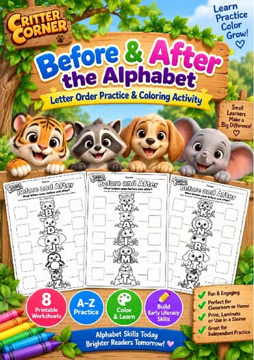 Before & After the Alphabet Letter Order Worksheets A–Z — educational storybook and learning resource for kids | Critter Corner
