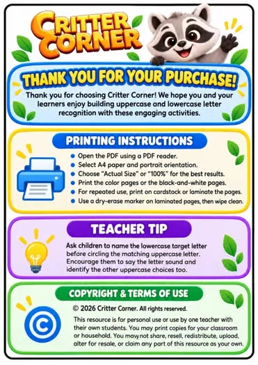 Lowercase to Uppercase Letter Matching Alphabet Worksheets A-Z - Image 4 — educational storybook and learning resource for kids | Critter Corner