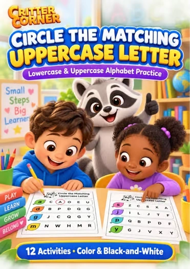 lowercase uppercase matching worksheets — educational storybook and learning resource for kids | Critter Corner