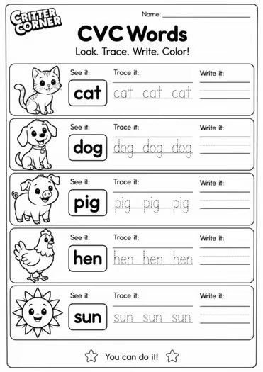 My First Handwriting Workbook | Letters, CVC Words & Simple Sentences - Image 4 — educational storybook and learning resource for kids | Critter Corner