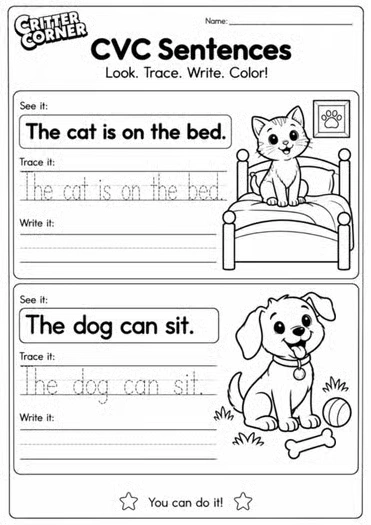 My First Handwriting Workbook | Letters, CVC Words & Simple Sentences - Image 3 — educational storybook and learning resource for kids | Critter Corner