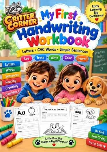 My First Handwriting Workbook Letters, CVC Words & Simple Sentences — educational storybook and learning resource for kids | Critter Corner