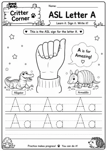 Sign Trace & Learn! ASL(American Sign Language) Alphabet & Handwriting Workbook — educational storybook and learning resource for kids | Critter Corner