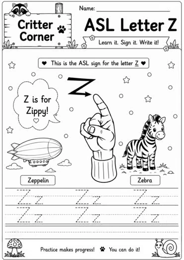 Sign Trace & Learn! ASL(American Sign Language) Alphabet & Handwriting Workbook — educational storybook and learning resource for kids | Critter Corner
