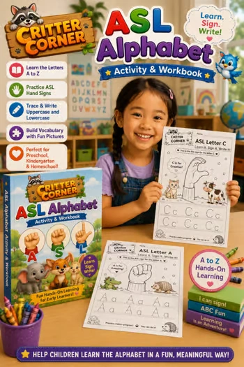 Sign Trace & Learn! ASL(American Sign Language) Alphabet & Handwriting Workbook — educational storybook and learning resource for kids | Critter Corner