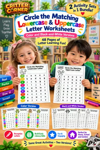 Uppercase & Lowercase Letter Matching Bundle Alphabet Worksheets A-Z Practice — educational storybook and learning resource for kids | Critter Corner