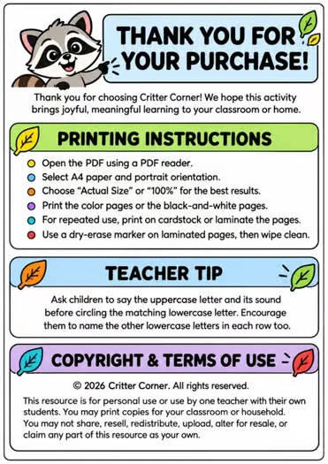 Uppercase to Lowercase Letter Matching Alphabet Worksheets A-Z - Image 2 — educational storybook and learning resource for kids | Critter Corner