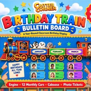 Birthday Train – Classroom Birthday Bulletin Board Display | 12 Months, Photo Tickets, Color & Black-and-White — educational storybook and learning resource for kids | Critter Corner