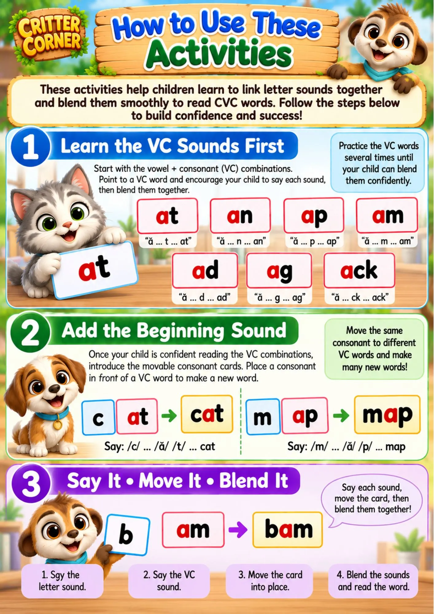 Short Vowel Sounds – A Hands-On Phonics Activity Pack | VC & CVC Blending Activities - Image 4 — educational storybook and learning resource for kids | Critter Corner