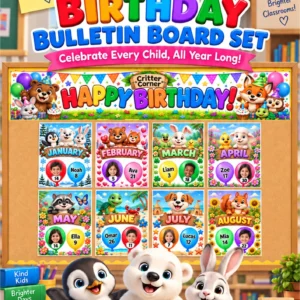 Birthday Bulletin Board Set – 12 Monthly Birthday Posters | Classroom Decor, Color & Black-and-White — educational storybook and learning resource for kids | Critter Corner