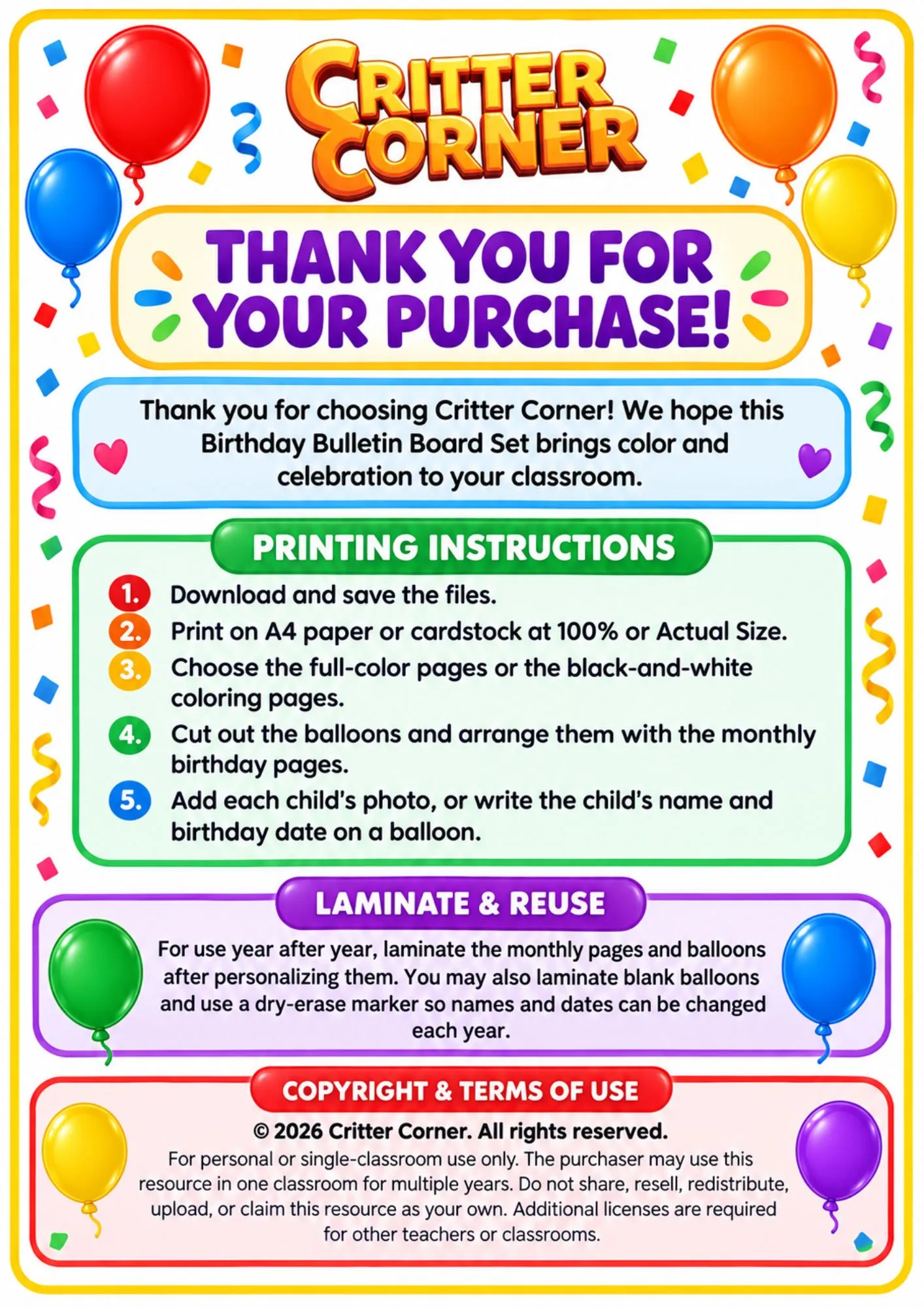 Birthday Bulletin Board Set – 12 Monthly Birthday Posters | Classroom Decor, Color & Black-and-White - Image 6 — educational storybook and learning resource for kids | Critter Corner