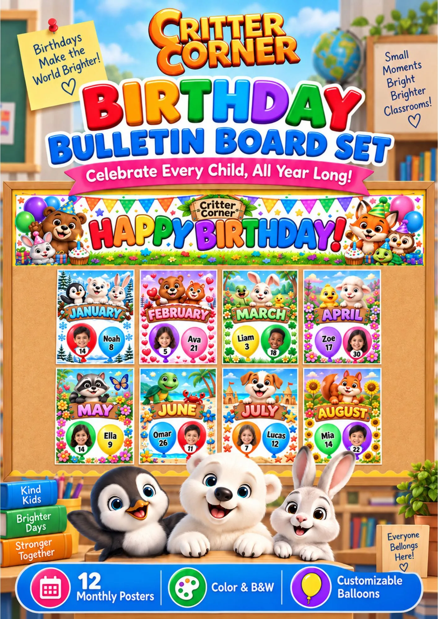 Birthday Bulletin Board Set – 12 Monthly Birthday Posters | Classroom Decor, Color & Black-and-White — educational storybook and learning resource for kids | Critter Corner