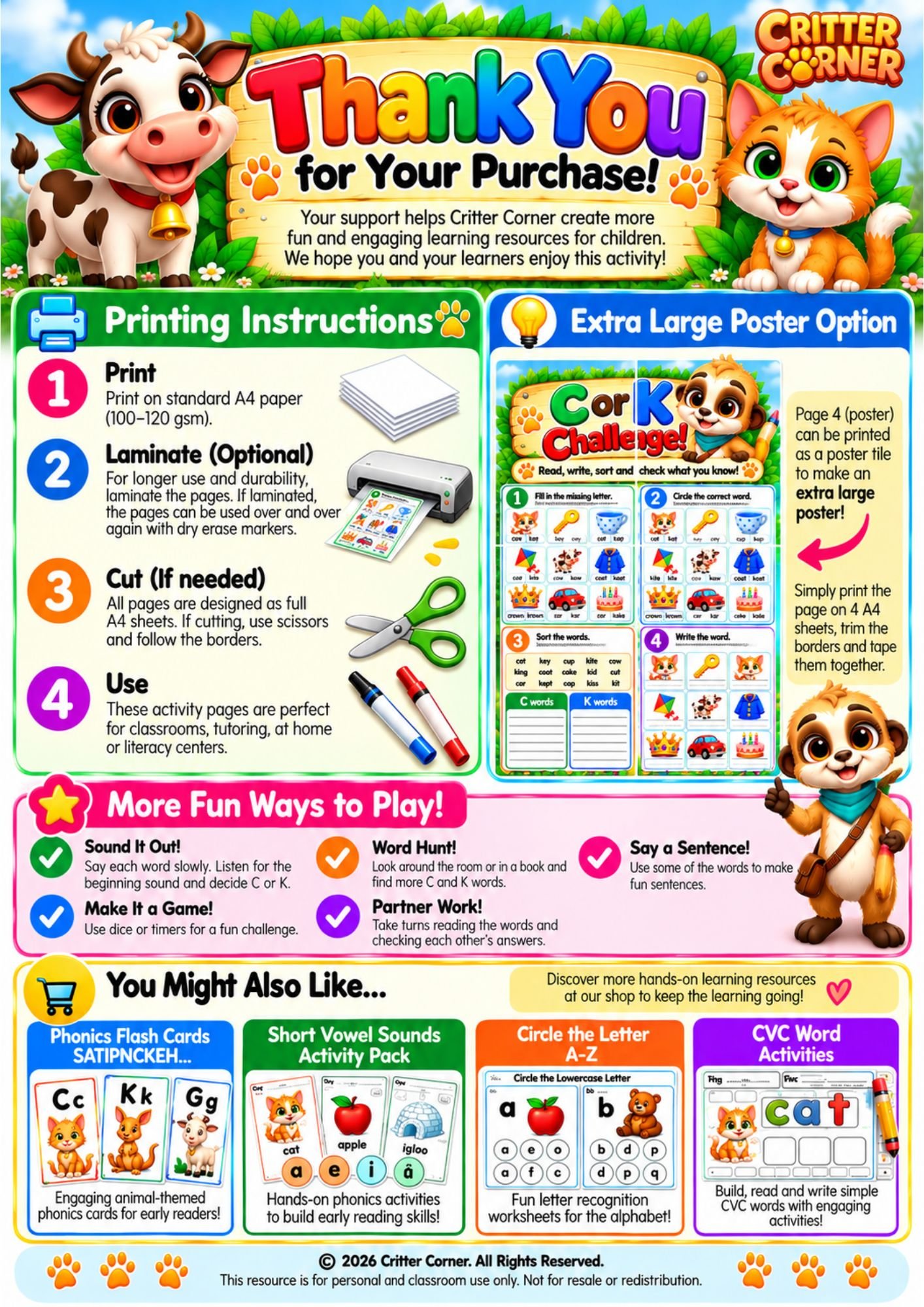 C or K? Learn the Rule! – Phonics Posters, Spelling Rules & Printable Activities - Image 5 — educational storybook and learning resource for kids | Critter Corner