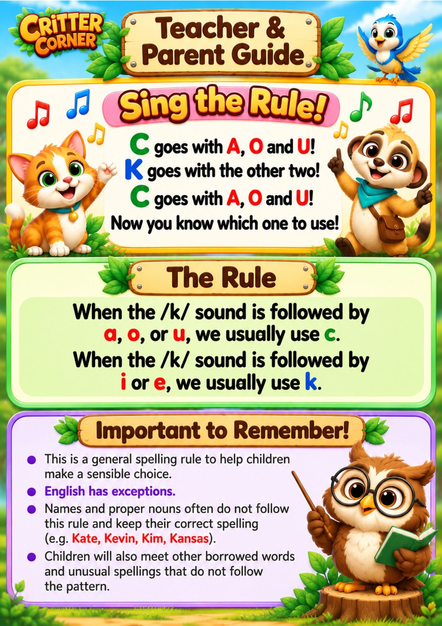 C or K? Learn the Rule! – Phonics Posters, Spelling Rules & Printable Activities - Image 2 — educational storybook and learning resource for kids | Critter Corner