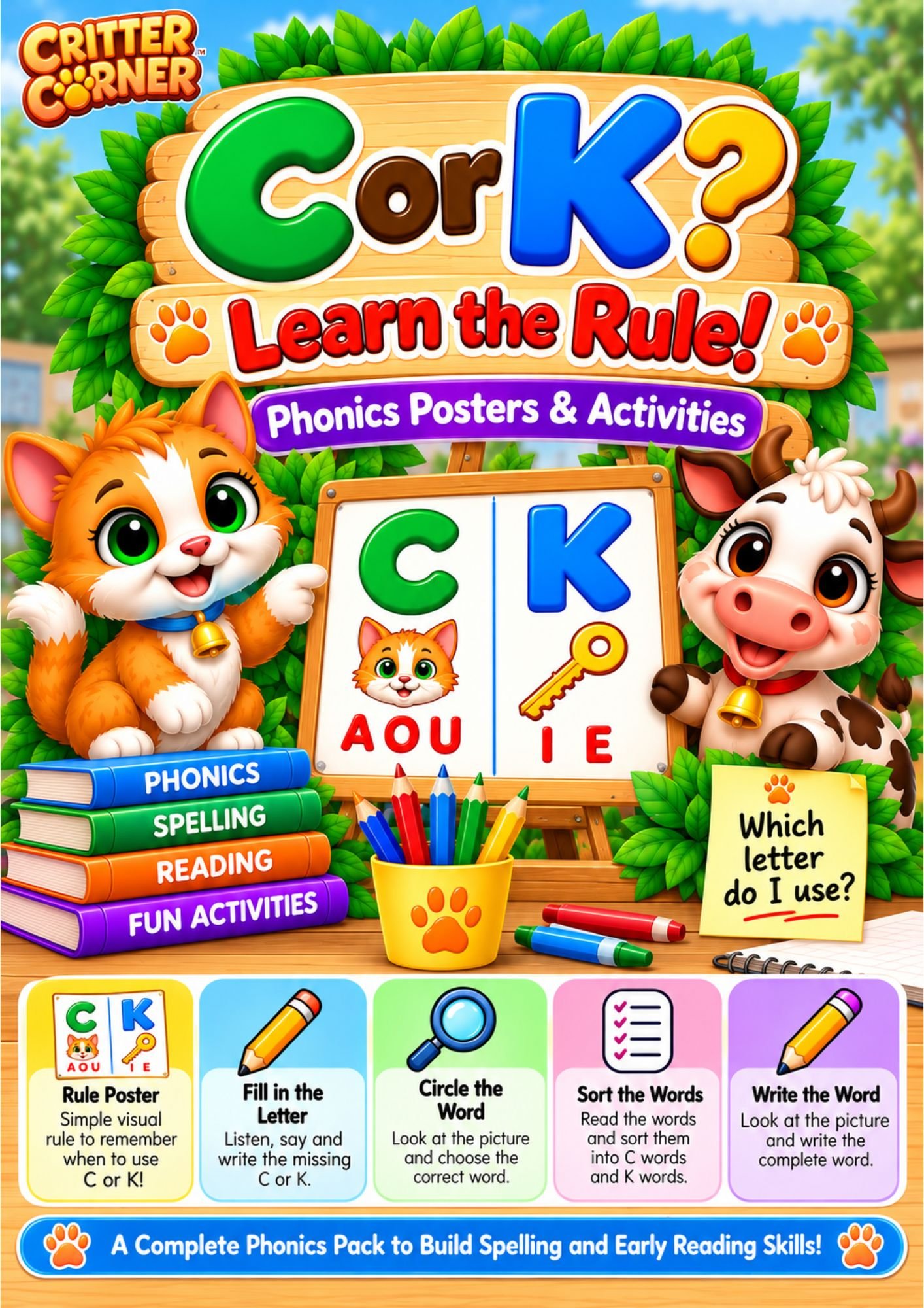 C or K Learn the Rule! – Phonics Posters, Spelling Rules & Printable Activities — educational storybook and learning resource for kids | Critter Corner
